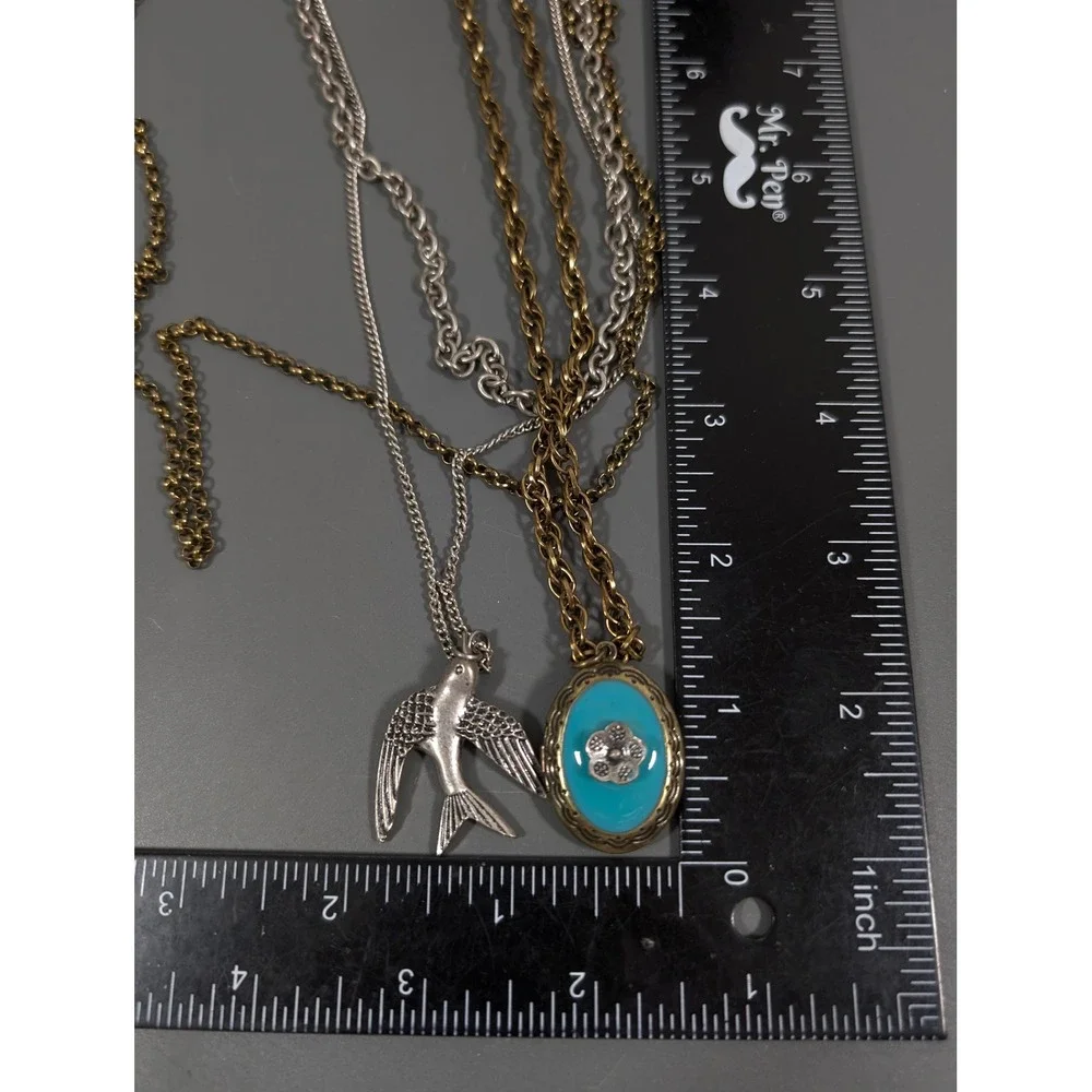 Two Tone‎ Layered Necklace Bird Charm Blue Enamel Locket Distressed 22in
